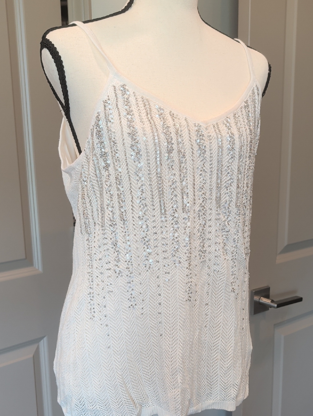 White House Black Market White Sequin-Embellished Spaghetti Strap Tank